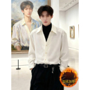 内搭衬衣叠穿加厚外套 男秋冬高级感痞帅西装 白色翻领加绒长袖 衬衫