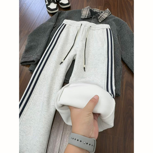 男款 baggy休闲长裤 秋冬季 子美式 加绒加厚裤 白花灰三条杠运动卫裤