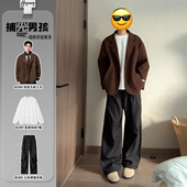 高级感痞帅呢子外套 男套装 美拉德棕色短款 毛呢大衣韩系英伦风西装