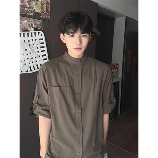 新中式棉麻短袖衬衫男款夏季老钱风亚麻衬衣美式工装立领休闲外套