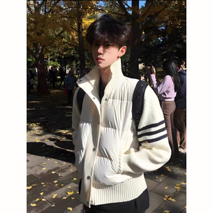 美式三条杠针织拼接羽绒棉服冬天男士外套高级感短款加厚东北棉衣