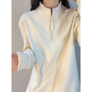 白色半拉链德绒打底衫男款秋冬保暖长袖t恤解构拼接内搭加绒卫衣