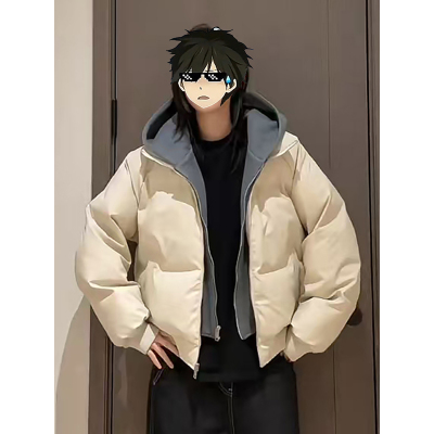 米白色假两件拼接羽绒棉服男冬季