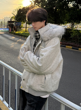 灰色大毛领连帽呢料棉服男冬季美式座山雕外套高级感痞帅情侣棉衣