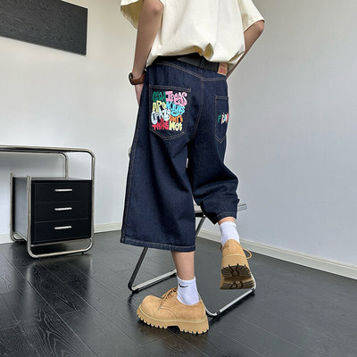 彩色字母丹宁蓝色牛仔短裤男夏季