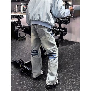 蓝色闪电纹斜切牛仔裤男秋冬美式高街vibe加绒裤子修身直筒微喇裤