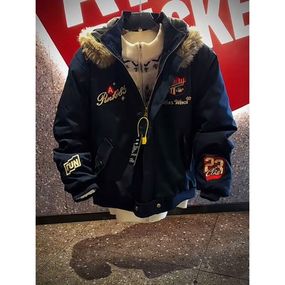 藏青色毛领座山雕棉服男款冬季