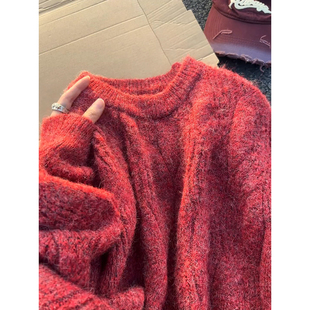 慵懒松弛感内搭打底衫 红色仿马海毛毛衣男冬装 高级感肌理感针织衫