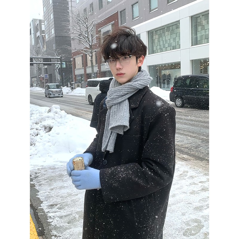 黑色中长款毛呢大衣男款秋冬季