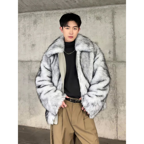 美式仿狐狸毛座山雕皮草棉服男款