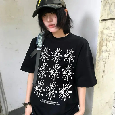 太阳花字母印花T恤男女夏季小众