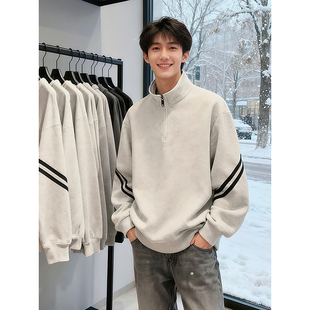 白花灰高质量加绒加厚卫衣男款秋冬半拉链无帽立领打底衫内搭上衣