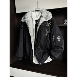 黑色座山雕夹克棉服男冬季十字架工装毛领外套高级感加厚保暖棉衣