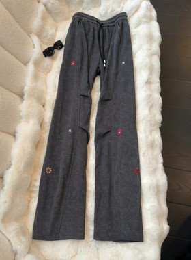 灰色花纹刺绣弯刀卫裤男秋冬美式斜切加绒裤子重磅直筒运动休闲裤