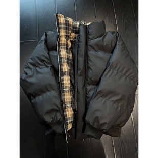 黑色格纹拼接羽绒棉服男款冬季加厚保暖棉衣外套高级感立领面包服