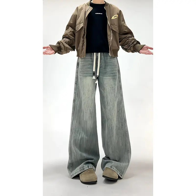 闪电纹抽绳松紧腰牛仔裤男款美式