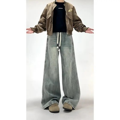 闪电纹抽绳松紧腰牛仔裤男款美式