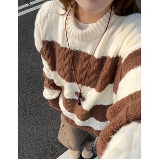 撞色条纹正肩卫衣高级感慵懒针织衫 咖色麻花圆领毛衣男款 秋冬美式
