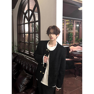 黑色小香风毛呢外套男模穿搭秋季垫肩夹克高级感痞帅法式轻奢上衣
