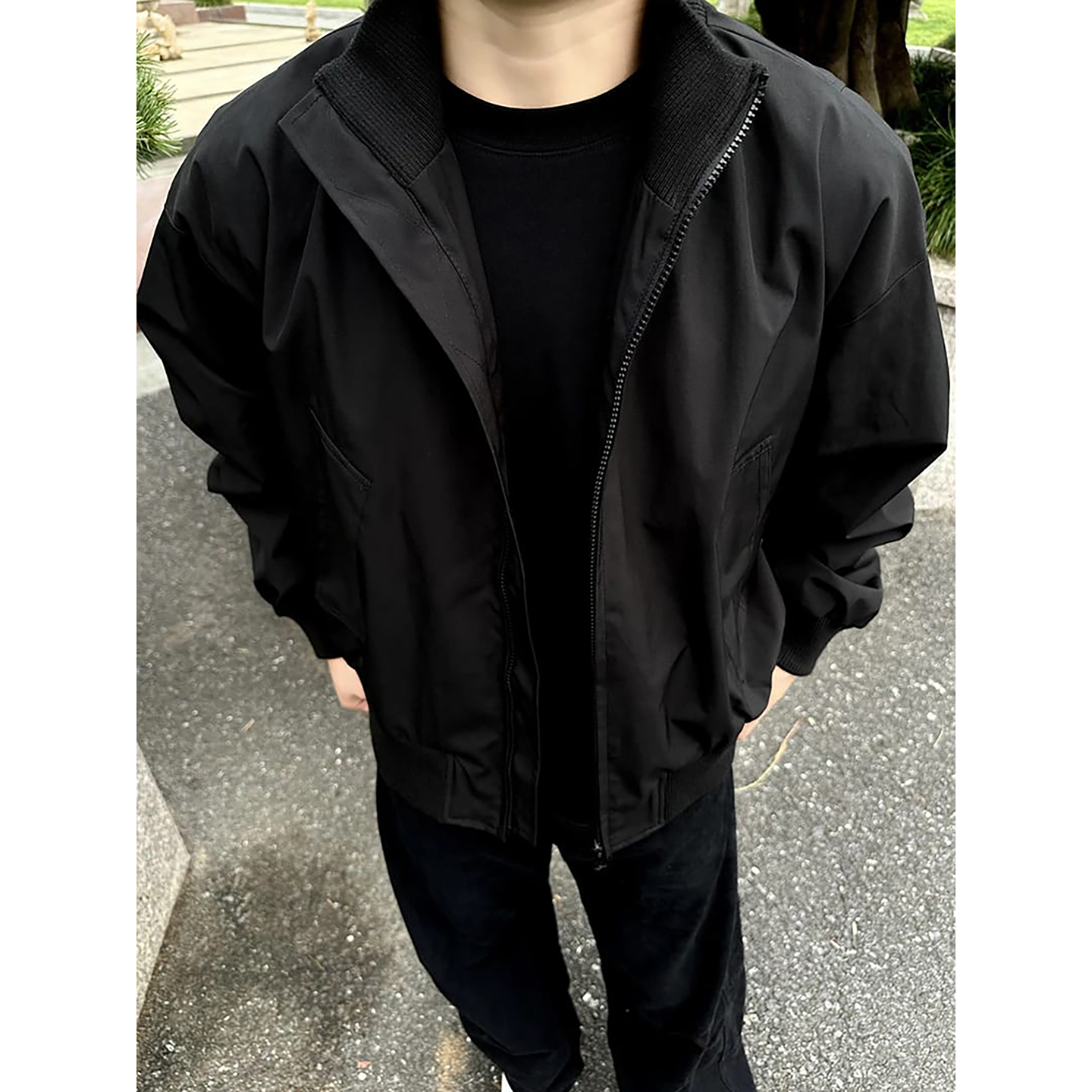黑色短款飞行夹克男廓形棒球服