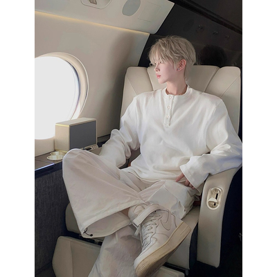 白色亨利领华夫格长袖t恤高级感