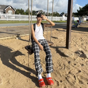 美式oversize垂感格子裤男款直筒显瘦弯刀卫裤高个子加长版休闲裤