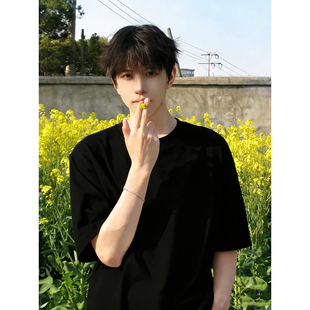 黑色小领口圆领内搭上衣男款夏季重磅正肩短袖cleanfit五分袖t恤