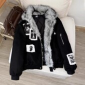 黑色贴布毛领座山雕外套男冬季 加厚保暖夹克棉服设计感工装 派克服