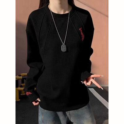 黑色刺绣纯圆领卫衣男款秋冬无帽