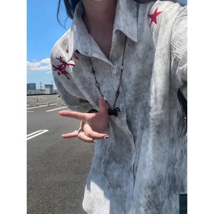 复古扎染情侣半袖 男夏美式 cleanfit外套 衬衫 人民万岁刺绣冰丝短袖