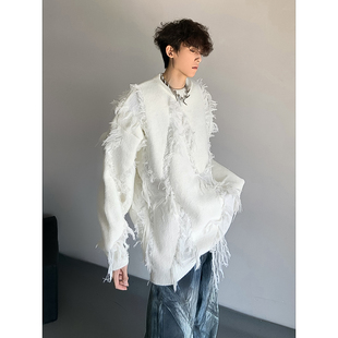 重磅打底衫 男25春季 cleanfit外套 流苏白色套头毛衣慵懒针织衫 美式