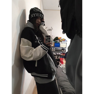 美式复古珍珠字母棒球服男女款秋季高街vibe飞行员夹克pu皮袖外套