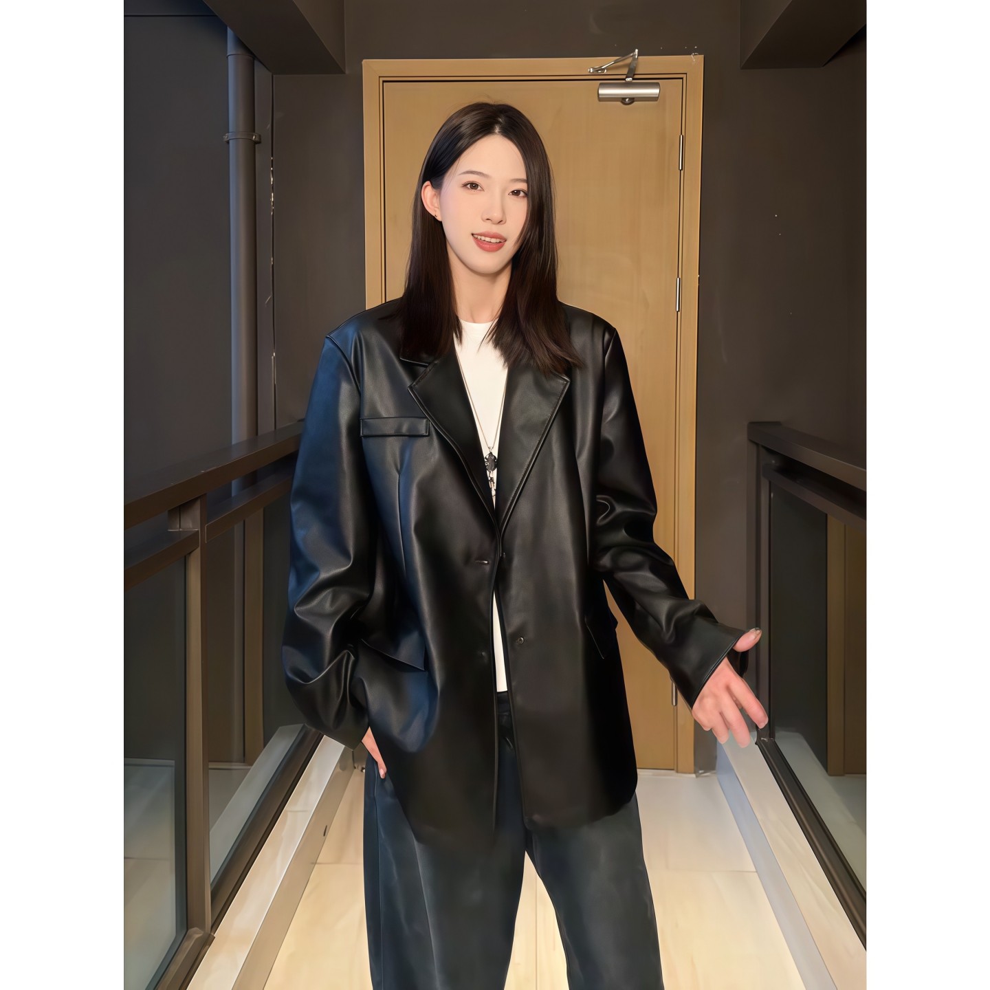 黑色廓形pu皮西装男女秋季美式