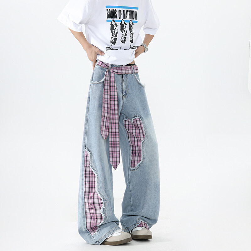 蝴蝶结绑带拼接牛仔裤男款美式