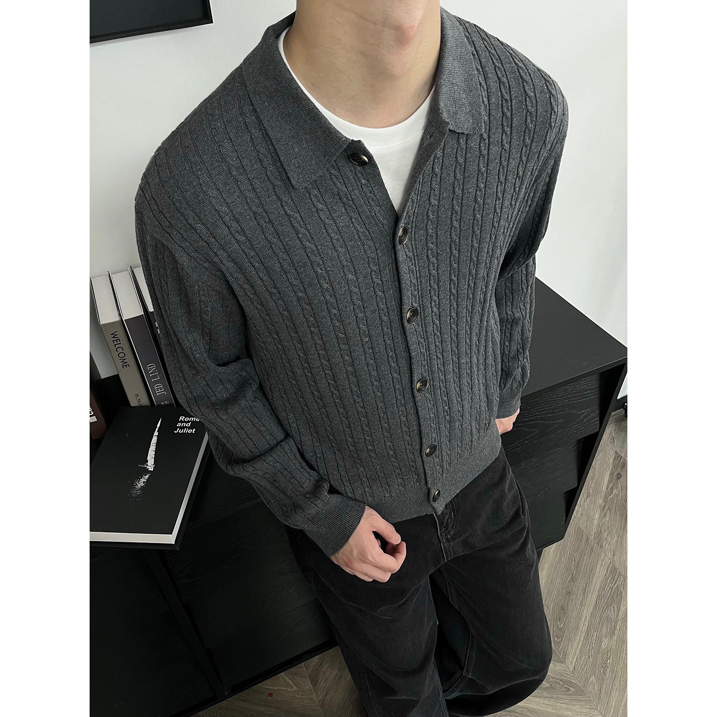 老钱风麻花polo领针织开衫男秋冬