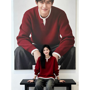 本命年红色正肩假两件毛衣男款春季新年针织内搭上衣cleanfit外套