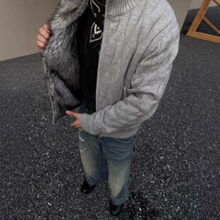 灰色荆棘绞花加绒毛衣男款冬季内狐狸毛针织衫重磅座山雕开衫外套