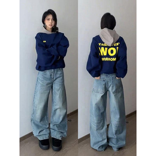 闪电纹a字版型牛仔裤男美式高街baggy弯刀裤子直筒宽松微喇阔腿裤