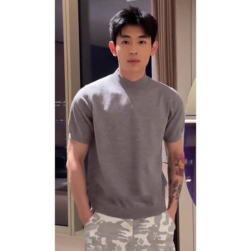 灰色老钱风薄款针织毛衣男款夏季美式复古t恤正肩修身短袖打底衫