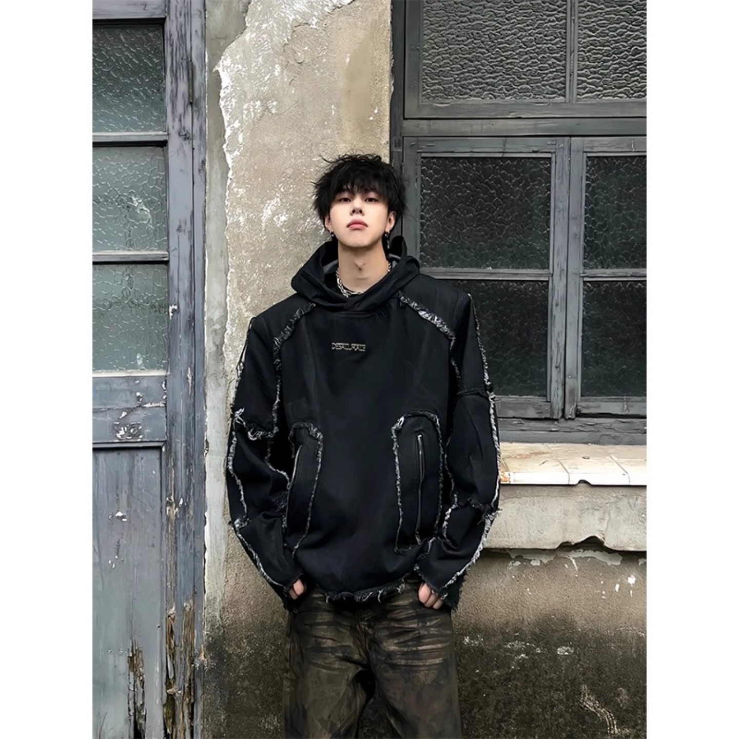 小众设计感牛仔拼接垫肩卫衣男款