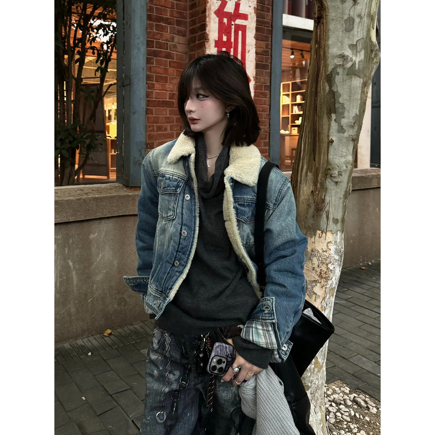 美式复古蓝羊羔毛牛仔夹克棉服男