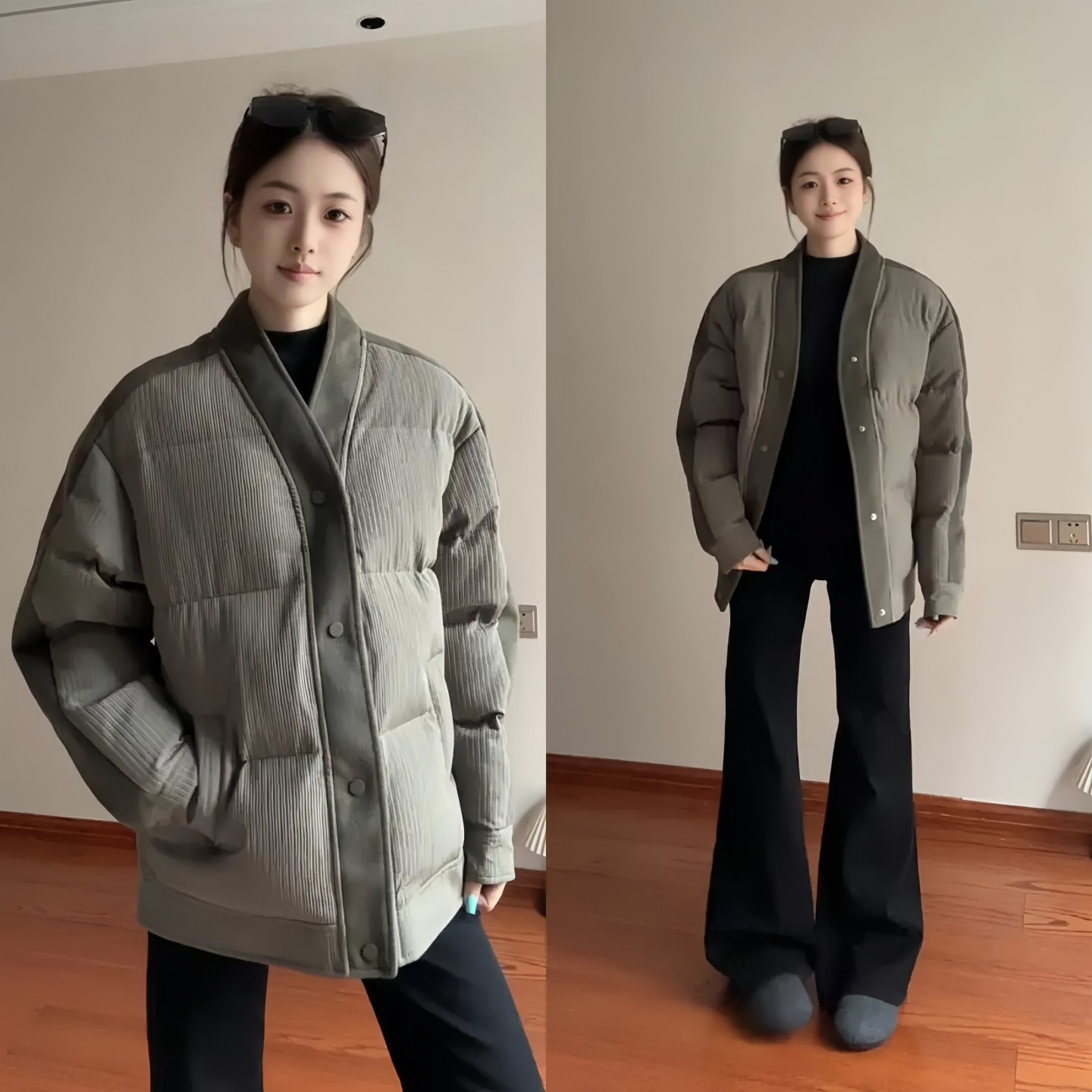 军绿色大V领道袍棉服男冬季高级