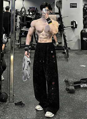 黑色刺绣扎染弯刀卫裤男秋冬加绒加厚斜切vibe裤子健身运动休闲裤