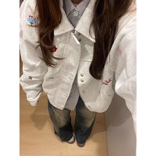 国潮美式花卉刺绣开衫卫衣男女秋冬加绒翻领棒球服短款飞行员夹克