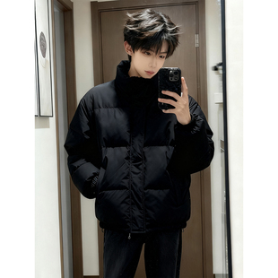 黑色轻薄羽绒棉服男款冬季保暖中性风短款面包服美式立领棉衣外套