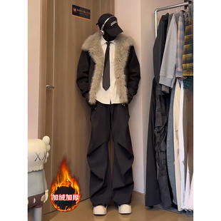 黑色褶皱加绒弯刀西裤加长版高个子男垂感高级感直筒A字微喇裤子