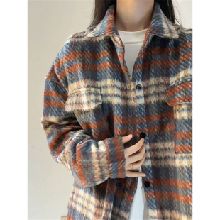 小香风毛呢格子衬衫男款秋冬加厚重磅呢子外套高级感痞帅立领夹克