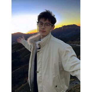 美式扎染PU皮哈灵顿工装夹克棉服男冬季飞机扣立领短款座山雕外套