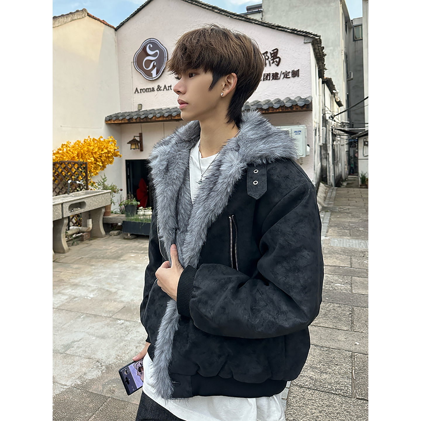 美式PU皮毛领座山雕短款棉服冬季