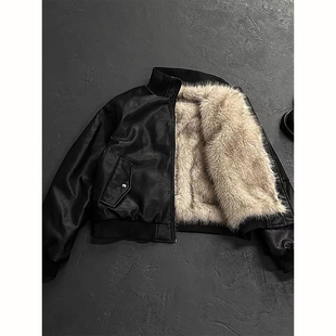 黑色座山雕毛绒外套男款冬季飞行员加绒加厚pu皮衣高级感短款棉衣